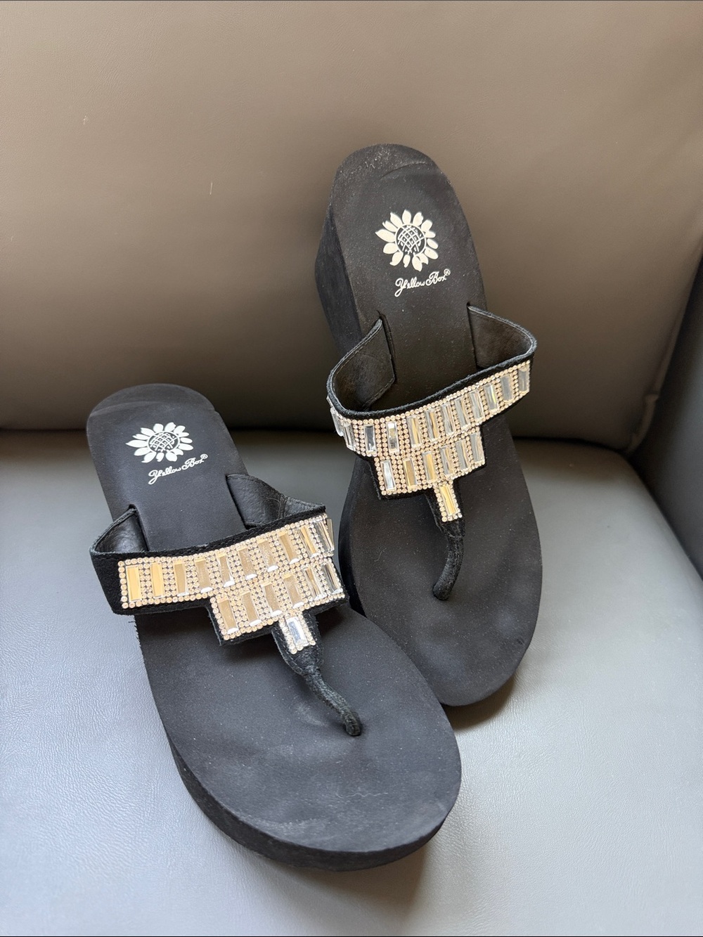 Yellow Box Black Wedge Thong Sandals with Rhinestone Detail